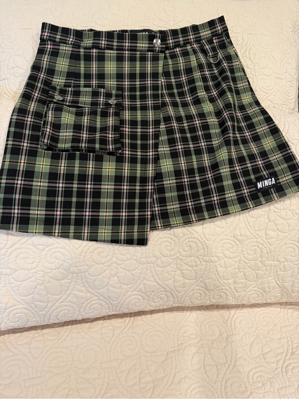 Minga London Green Tartan Plaid Lined Wrap Mini Skirt with Utility Pocket M